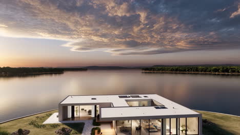 modern waterfront home at sunset