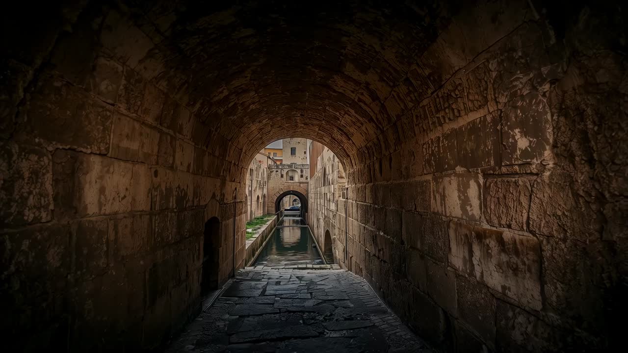 Moving camera through central stone arched tunnel and increasing exposure to show canal facades