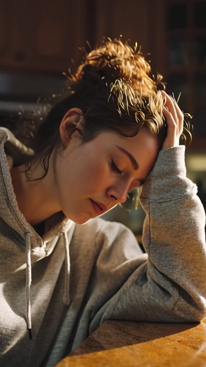 Young woman rests head on hand, eyes closed. Sunlight glows warmly across her tousled hair and hoodie. She appears tired, contemplative, or sad. Sitting alone at a wooden table, she's lost in thought