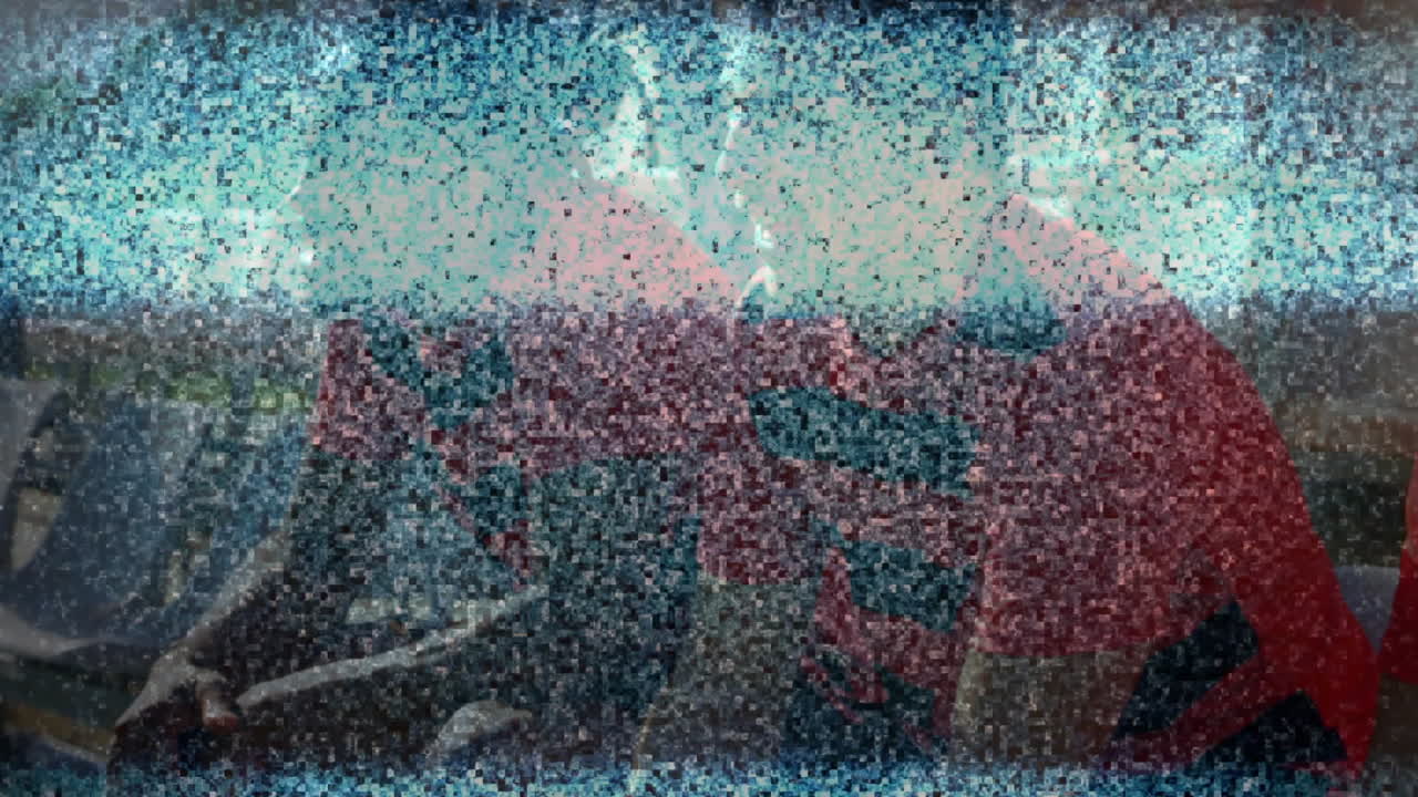 Male business travelers loading luggage into SUV trunk on urban road, displaying animated route map