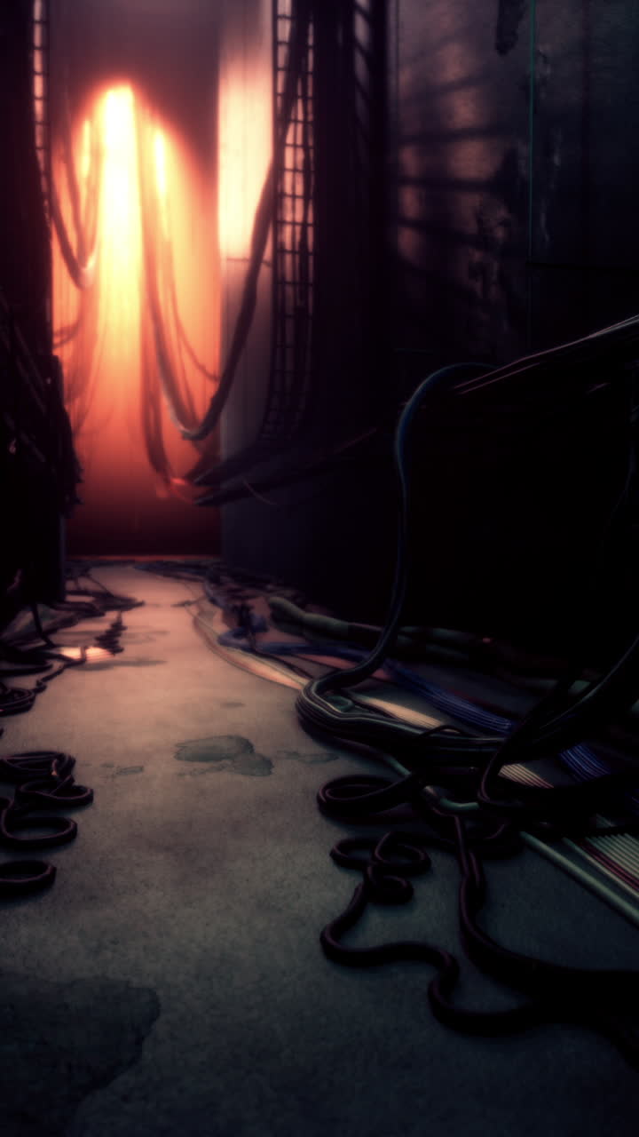 corredor futurista oscuro con cables y luz brillante