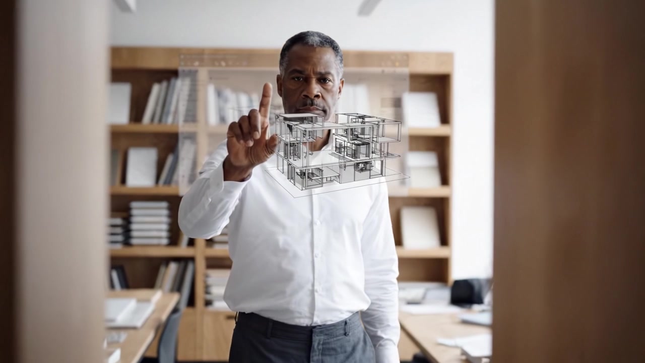 Arquitecto observando un modelo de edificio en 3D en un entorno de oficina moderno, involucrado en tecnología de diseño innovadora y técnicas de visualización arquitectónica.