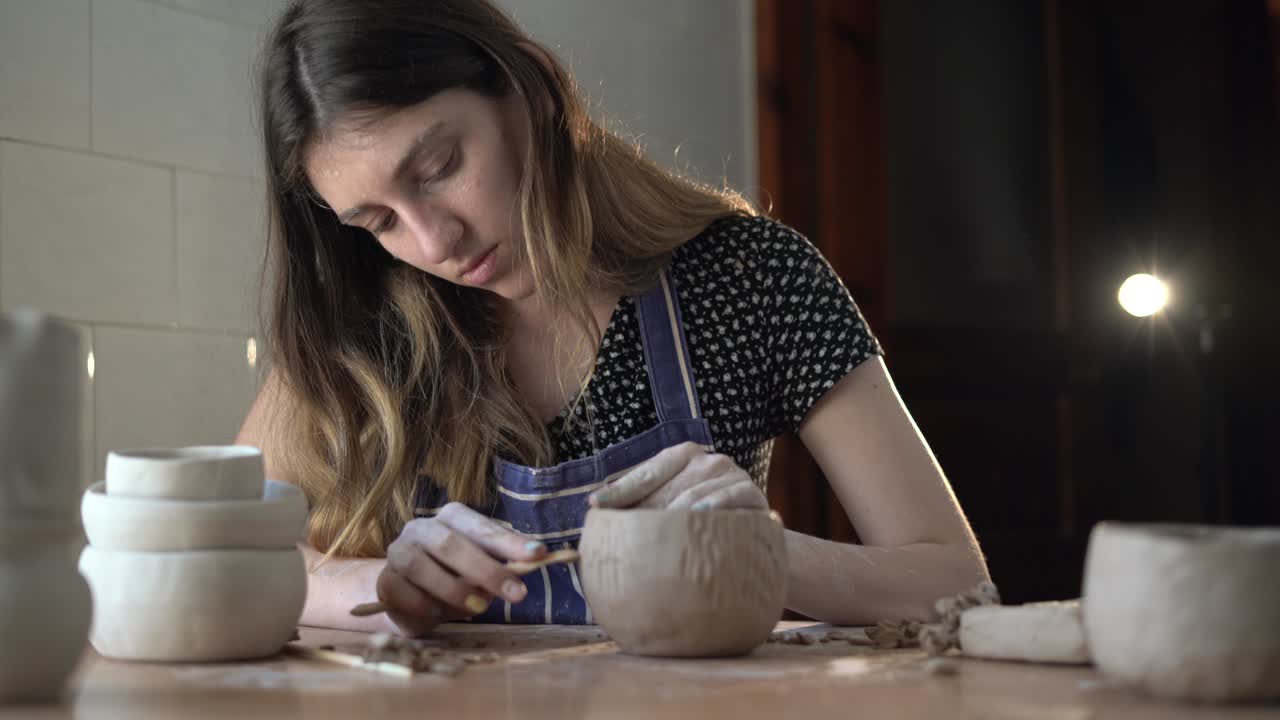 joven hermosa haciendo cerámica y cerámica en el taller, trabajando con arcilla. crear un patrón en el producto.