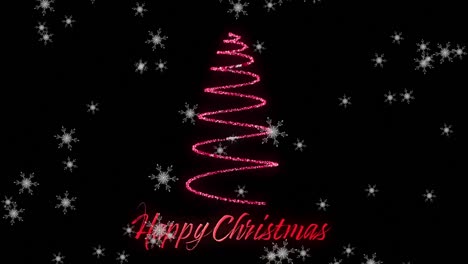 Animation-of-snow-falling-over-neon-decoration-and-happy-christmas-text-on-black-background