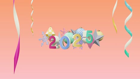 Animation-of-2025-number-over-new-year-and-christmas-decorations-on-pink-background