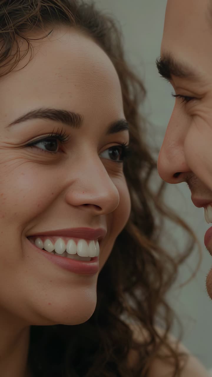 Vertical video: Holding locked gaze, woman and man leaning closer in soft interior, preparing kiss