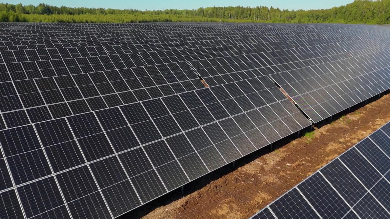 Movimento di tilt verso l'alto su file di pannelli solari che riflettono la luce del sole e il verde degli alberi, terra tra le file dovuta a un nuovo sviluppo.