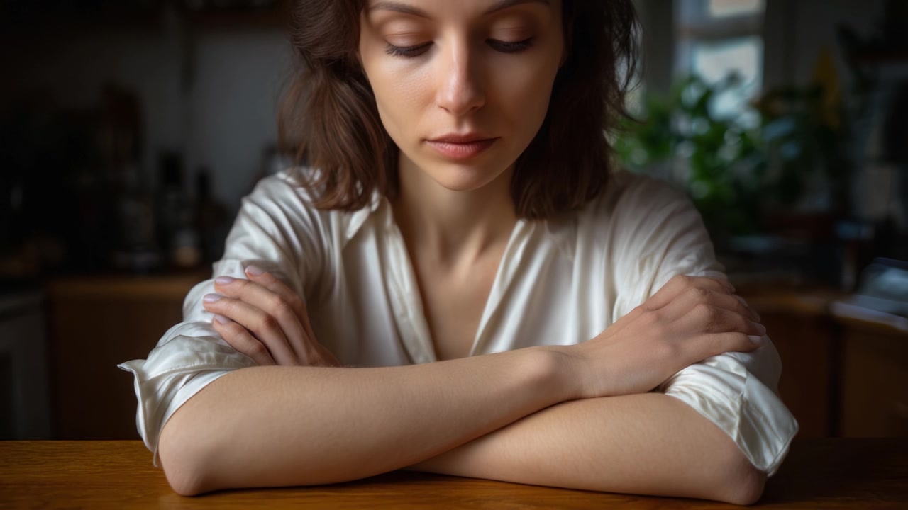 A contemplative moment captured in a serene setting, showcasing a woman with an introspective expression, highlighting her emotions and the tranquility of the environment.