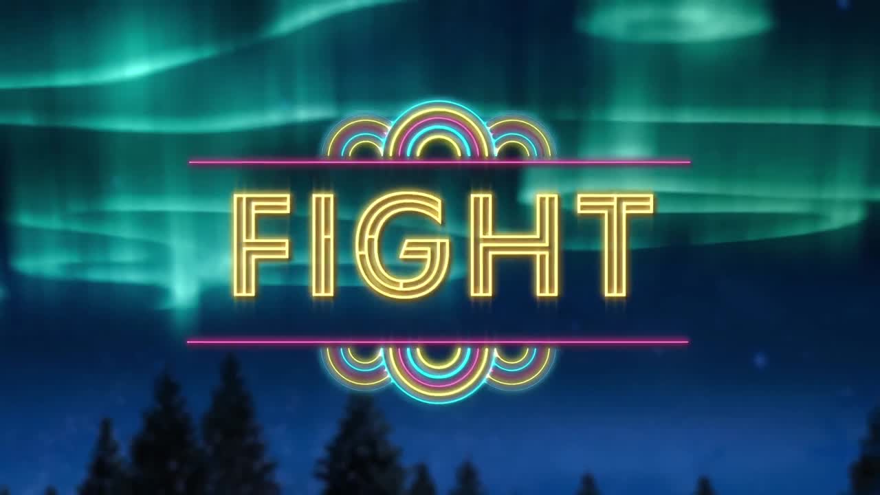 animación del texto de la lucha sobre el cielo nocturno nublado y las luces del norte