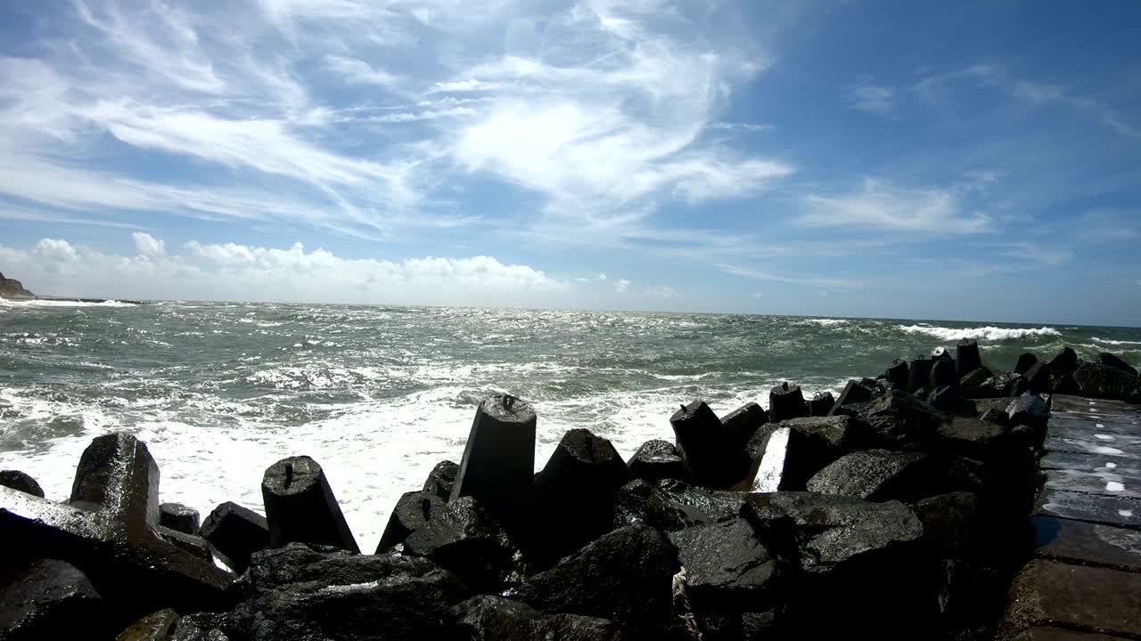 Dyke protection with concrete groins, breakers, North Sea, Denmark, 4K