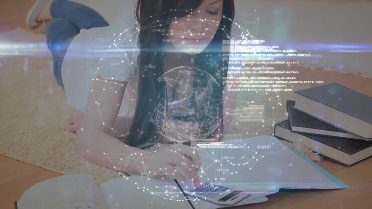 Animation of a girl over a globe made of connected dots, spinning in the background