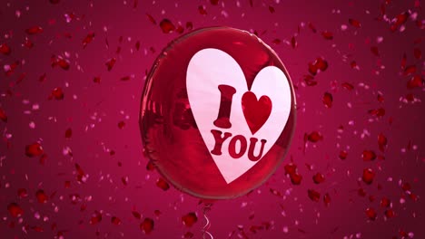 high quality seasonal motion graphic celebrating st valentine's day, with pink and red color scheme, balloon and falling red and pink rose petals - message reads "i love you