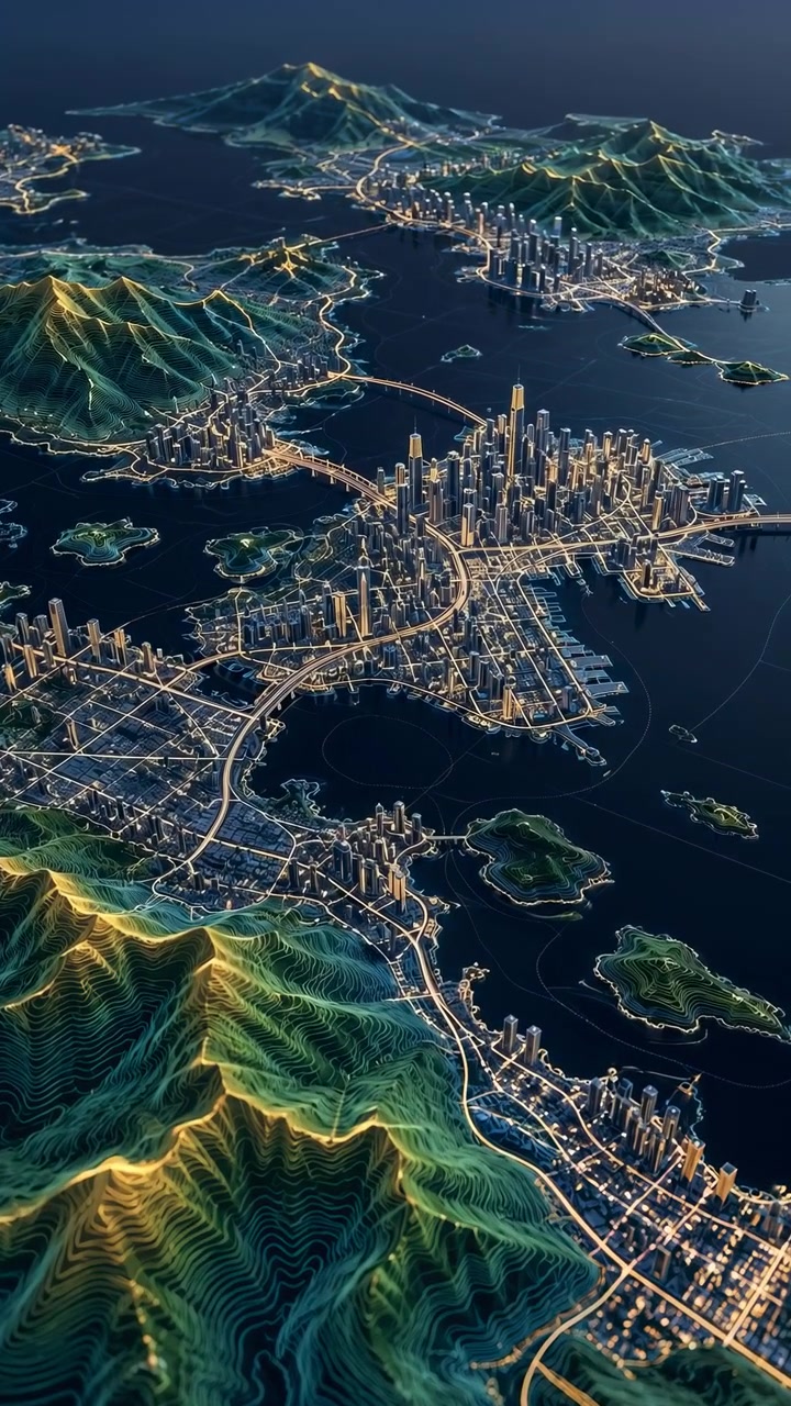Camera advances toward a dense coastal city model linked by bright roads and bridges, revealing towers, small islands, dark waterways, and layered green topographic ridges.