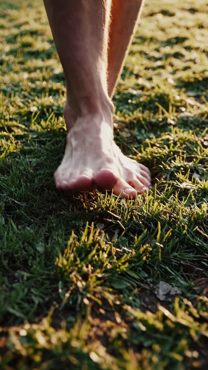 Close-up video shot of bare feet walking on grass, capturing a serene, natural vibe from a low