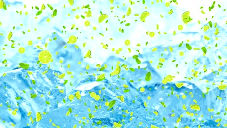 frutas rebanadas de lima con hojas animación volando en cubos de hielo frescos fondo, dieta y concepto de nutrición
