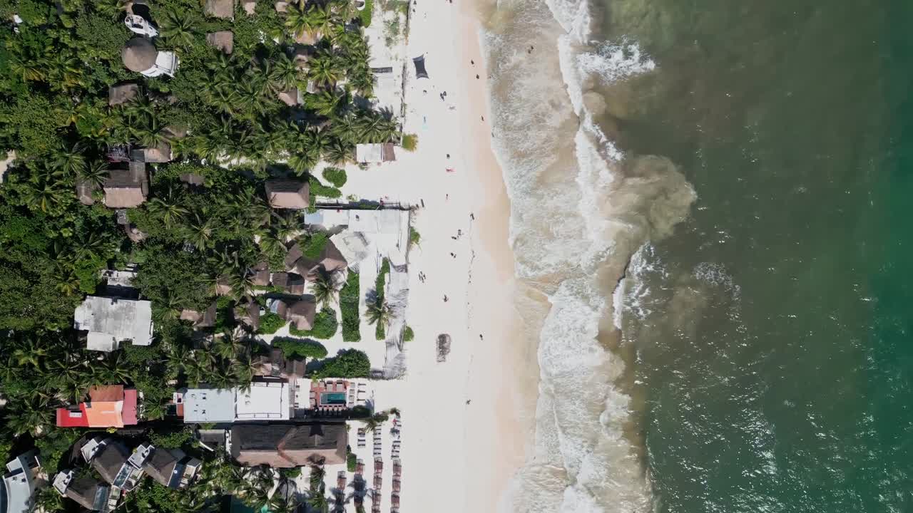 Top-down aerial panning view of the Tulum coastline in Mexico, showing turquoise water, white sand, beach resorts and palm canopy. Ideal for travel, tourism, tropical and coastal landscape themes
