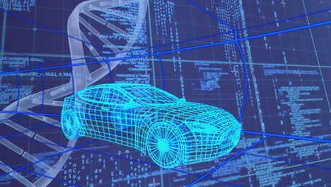 animación del procesamiento de datos sobre el coche digital sobre fondo azul