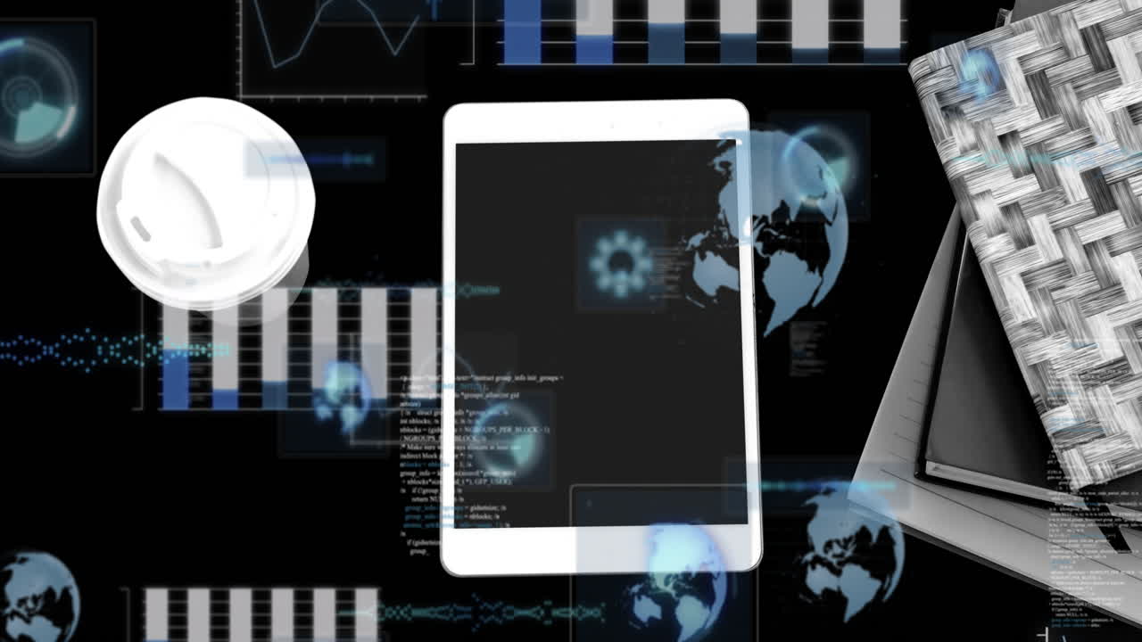 animación del procesamiento de datos sobre tableta y fondo negro