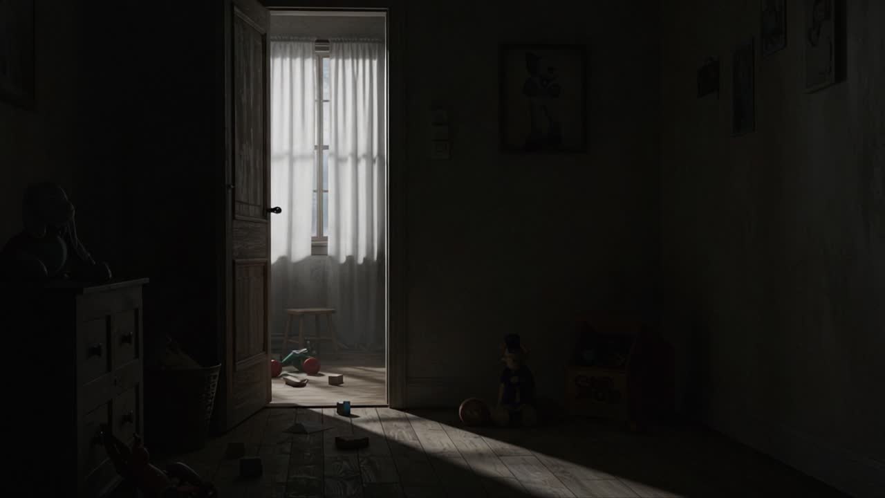 A Quiet Room Awaits: Shades of Light and Shadows Play in a Dimly Lit Space Filled with Childhood Memories and Forgotten Toys