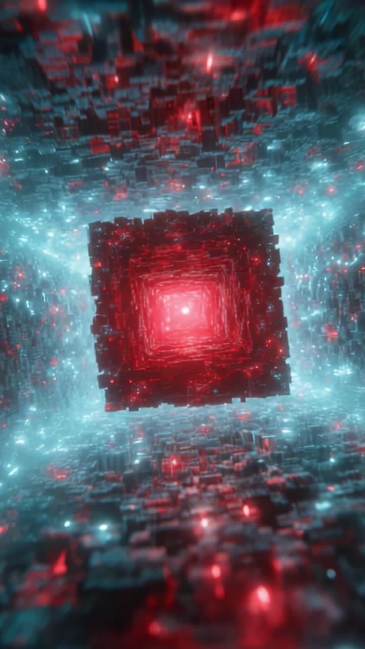 A Mesmerizing View into an Abstract Digital Space: Exploring a Red and Blue Glowing Cube Surrounded by a Matrix of Light in Stunning Detail