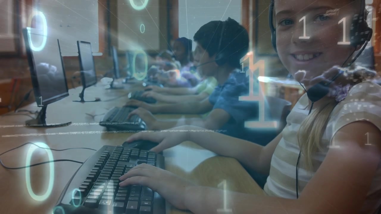 Children Using Computers in Classroom with Digital Data Overlay