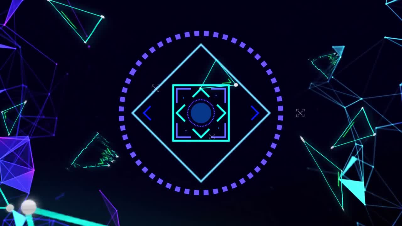 animación de alcance circular y formas geométricas en azul y púrpura moviéndose en negro