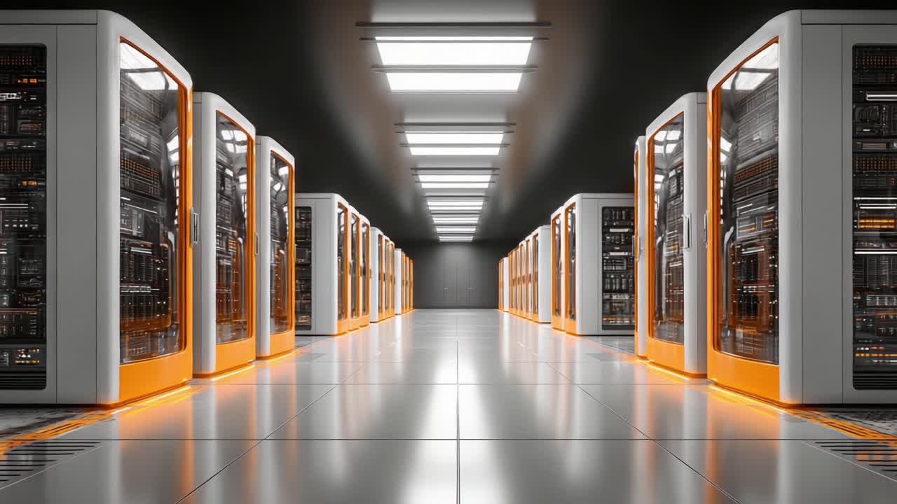 A Modern Data Center Featuring Advanced Server Racks with Bright LED Lighting Designed for High-Performance Computing and Data Storage Management