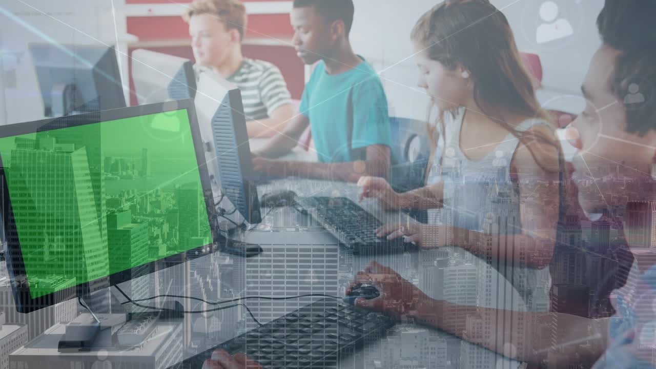 Animation of connections over diverse children using computers with copy space on screen