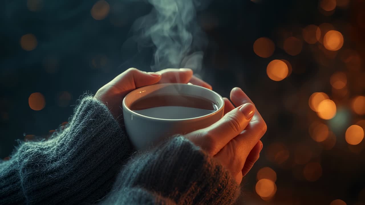 Shifting hands in gray knitted sleeves holding white ceramic mug after steam rising at home