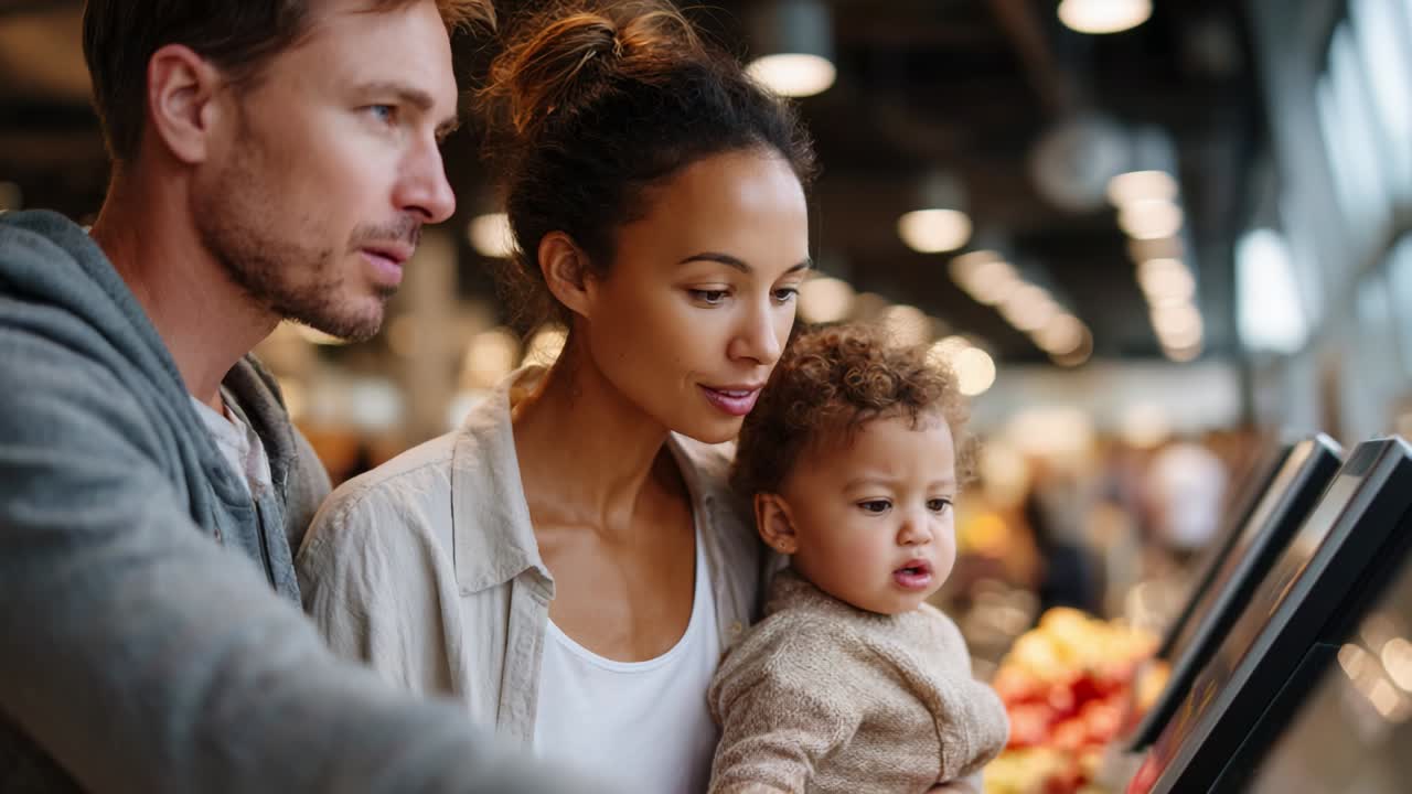 Una famiglia che si gode del tempo di qualità insieme mentre svolge un'attività produttiva, osservando schermi digitali con curiosità e gioia in un luogo moderno