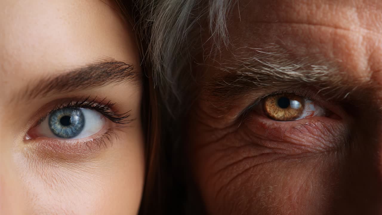 A Close-Up Examination of Two Generations: Capturing the Distinctive Eye Characteristics of a Young Female and an Elderly Male, Highlighting Contrasting Colors and Textures