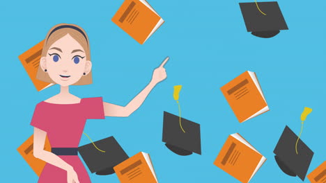 animación de una mujer hablando sobre la gorra de graduado y los iconos de libros