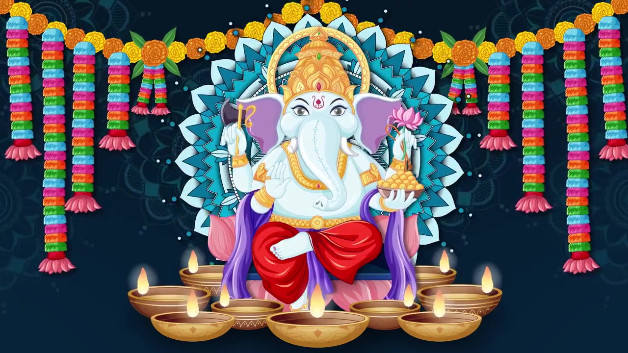 Animazione colorata in stile paper-cut di Ganesha che appare con mandala, ghirlande floreali e lampade a olio tremolanti.