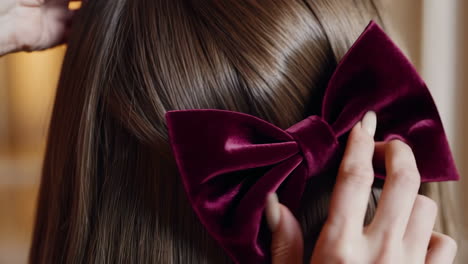 close-up of hands adjusting a velvet hair bow