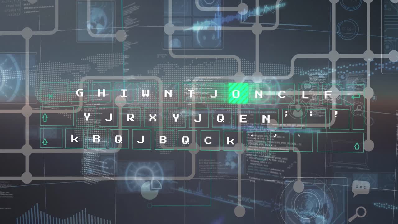 Animation of network of connections with icons over glowing purple processing