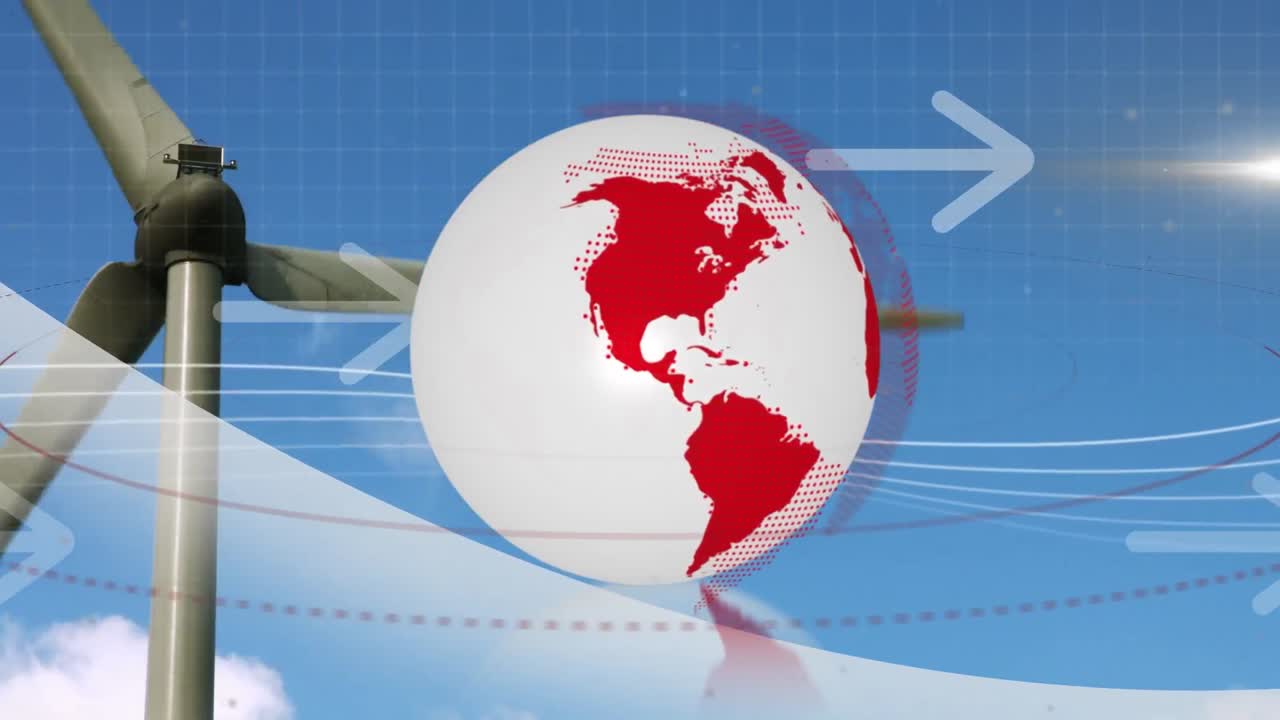 풍력 터빈 위의 지구와 화살표의 애니메이션
