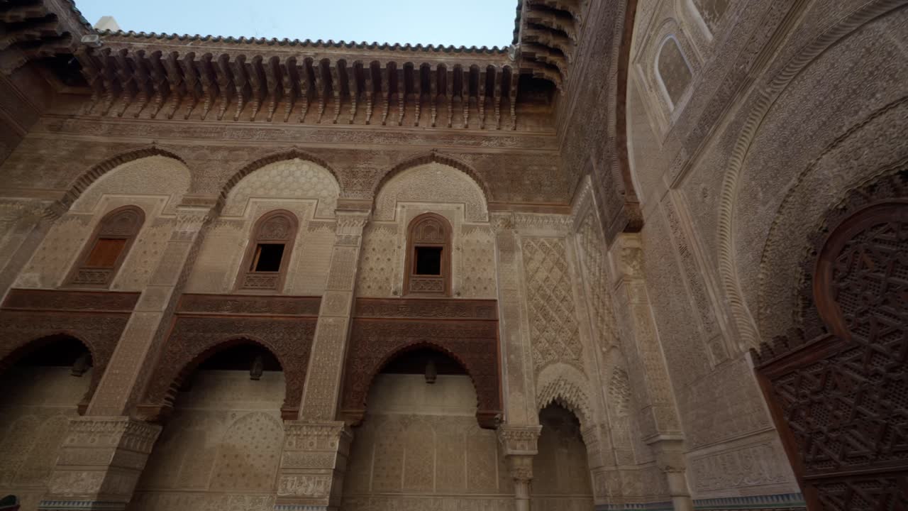 Left Side shot of Morocco colorful architecture arch with sun shade in city Fez