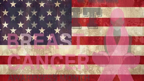 Animation-of-pink-ribbon-logo-with-breast-cancer-text-over-usa-flag