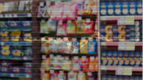animation of data processing against shelves with products at supermarket
