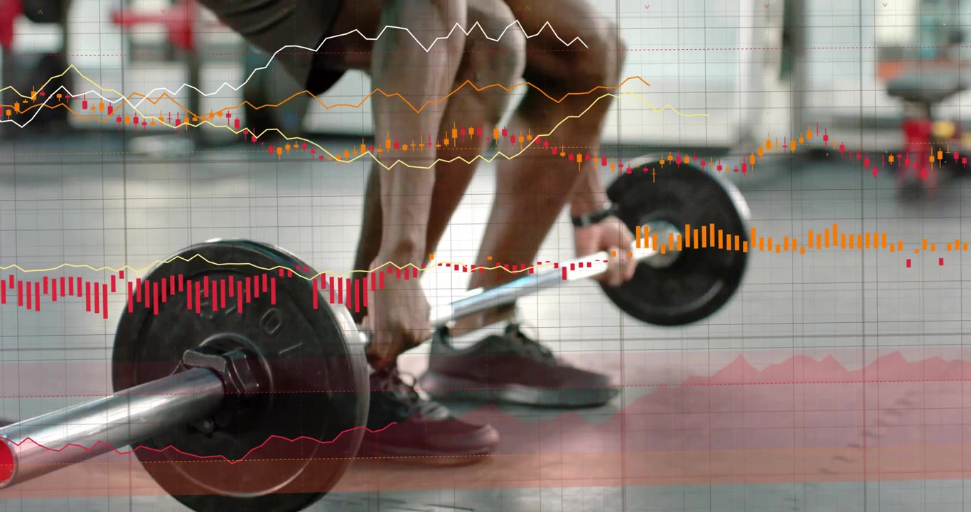 Vertikal video: Mand griber 10 kg vægtstang, presser hælene ned og løfter i en fitnesstest, mens grafer bevæger sig.