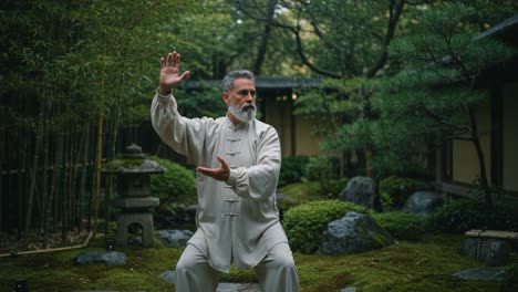 a dynamic martial artist demonstrating traditional tai chi movements in a serene zen garden with lush greenery and stone features.