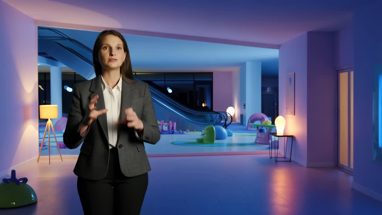 Empresária Falando em um Espaço Interior Moderno e Colorido com Escada Rolante