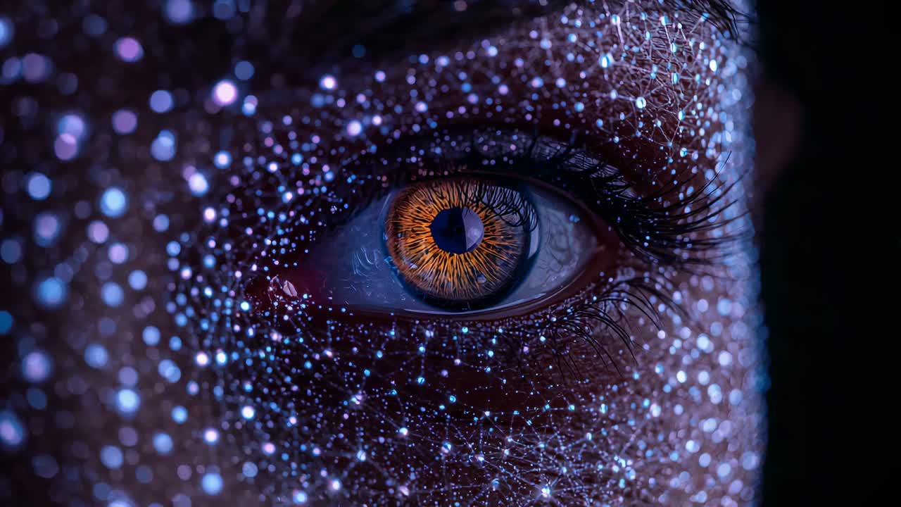 Projector activating female holding steady gaze in studio, reacting to violet dots with amber iris