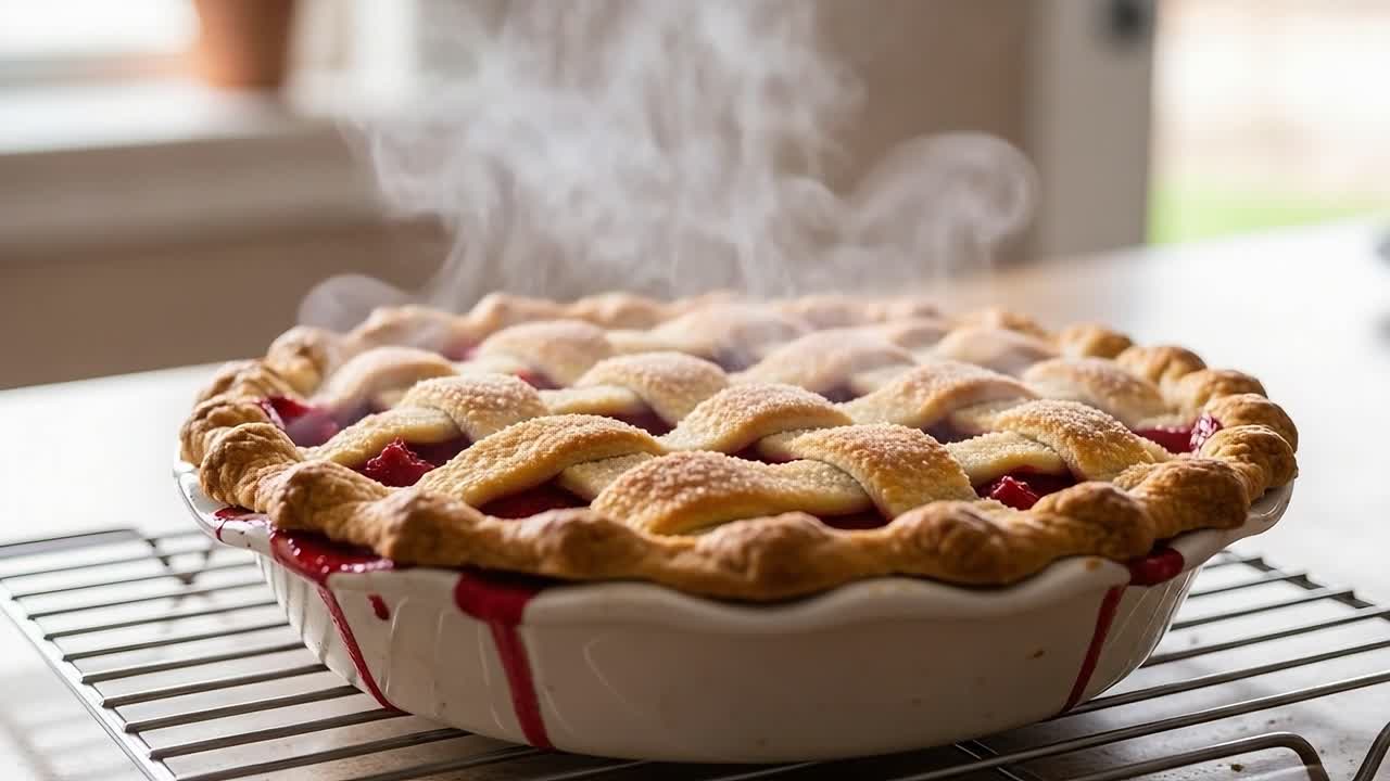 Freshly Baked Pie with Wisps of Steam Rising, Showcasing a Beautifully Lattice-Crimped Crust and Rich Filling, Perfectly Golden and Ready to Enjoy
