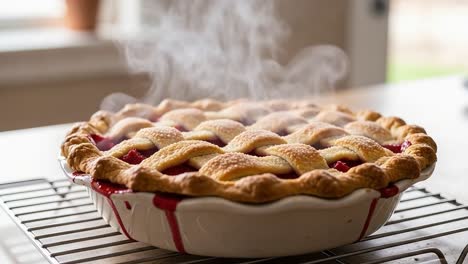 freshly baked pie with wisps of steam rising, showcasing a beautifully lattice-crimped crust and rich filling, perfectly golden and ready to enjoy