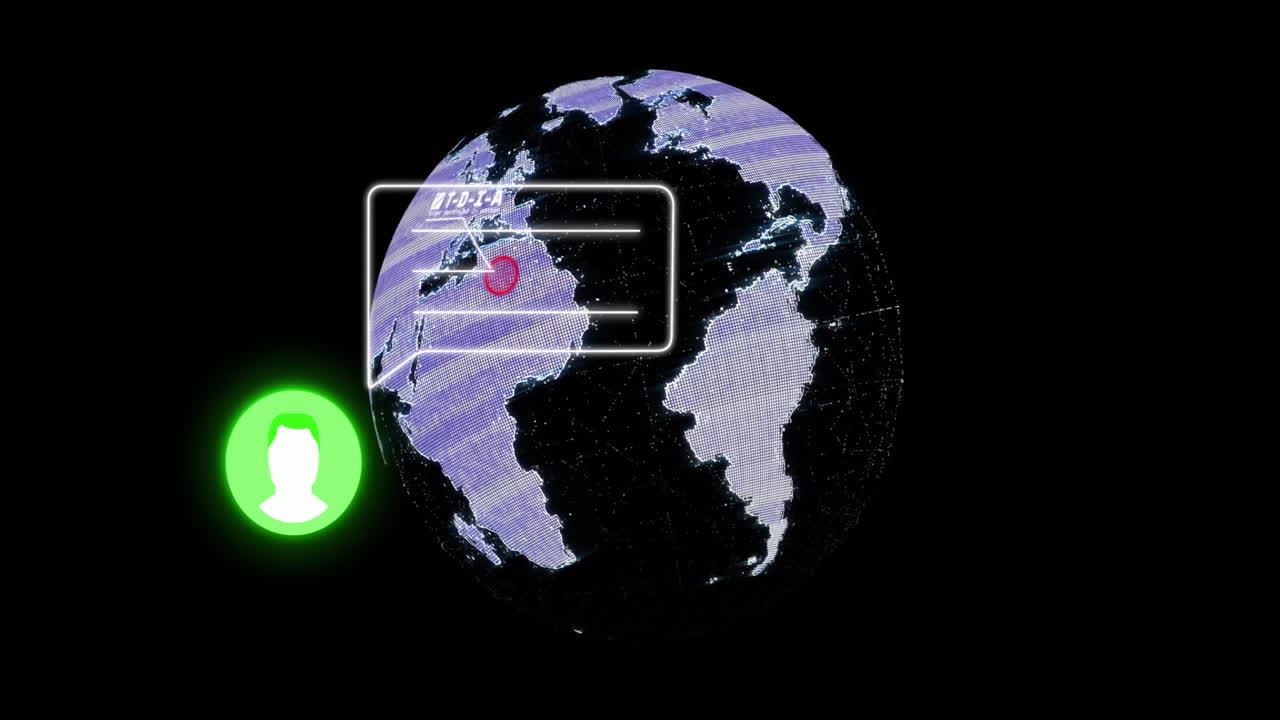 Digital animation of globe with data overlay and green user icon on black background