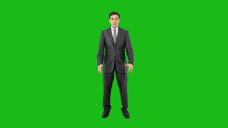 a man in a suit displaying various expressions against a green screen
