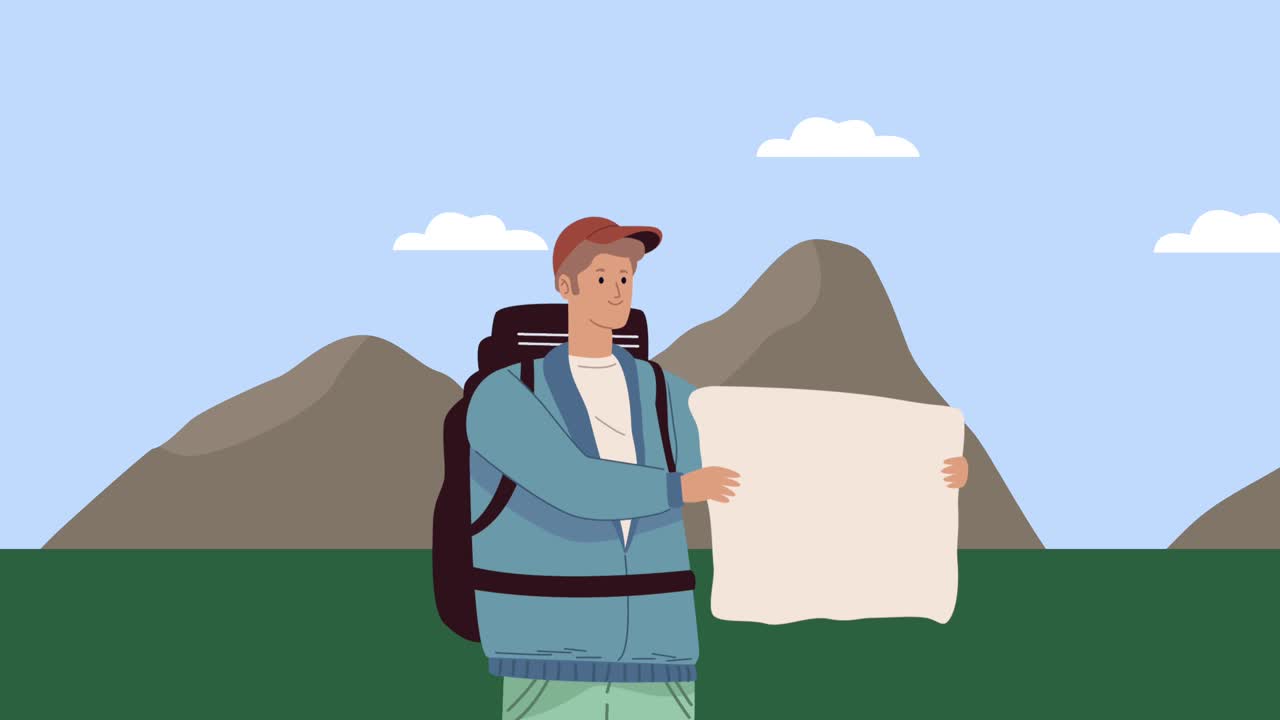 male camper with map in field animation