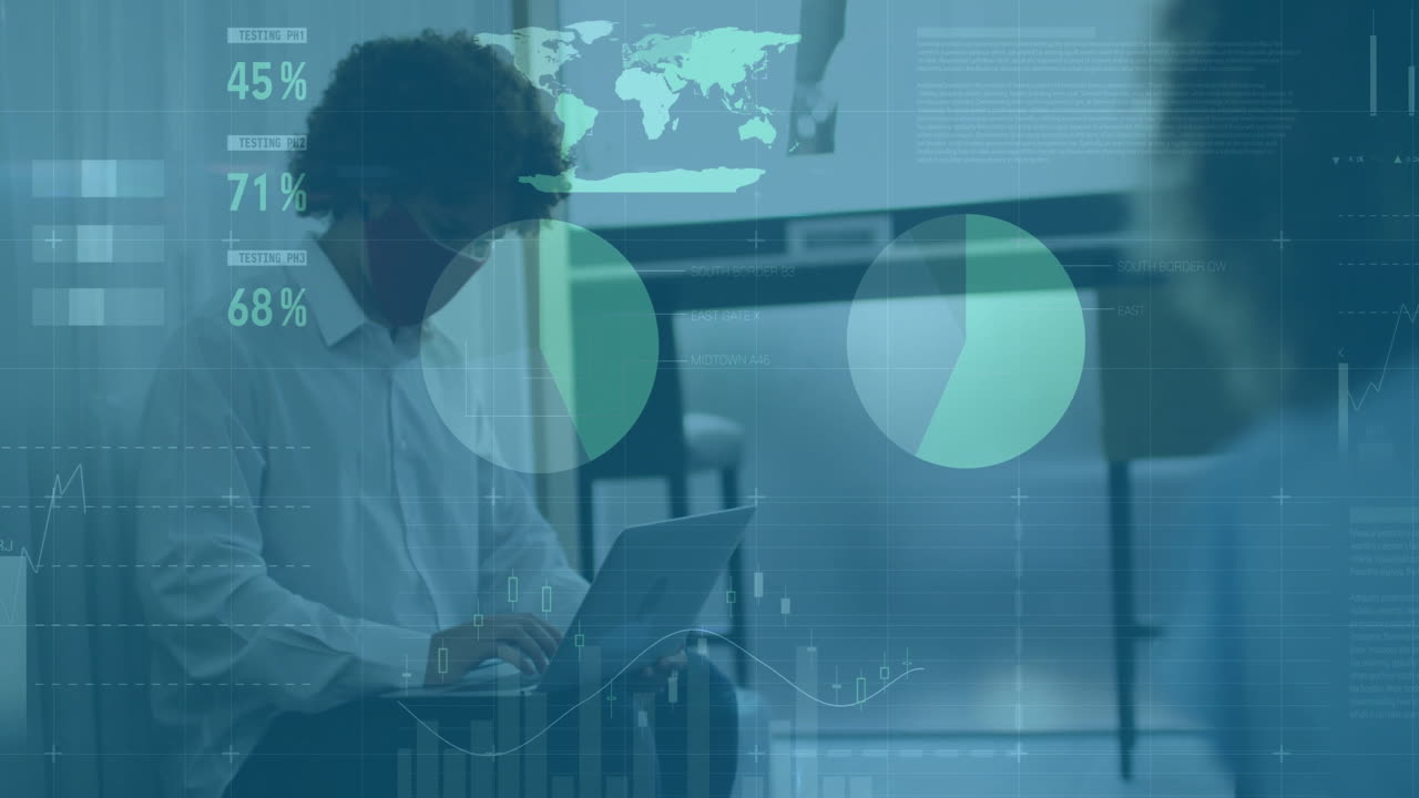 Using laptop, business professional analyzing data with animation of world map