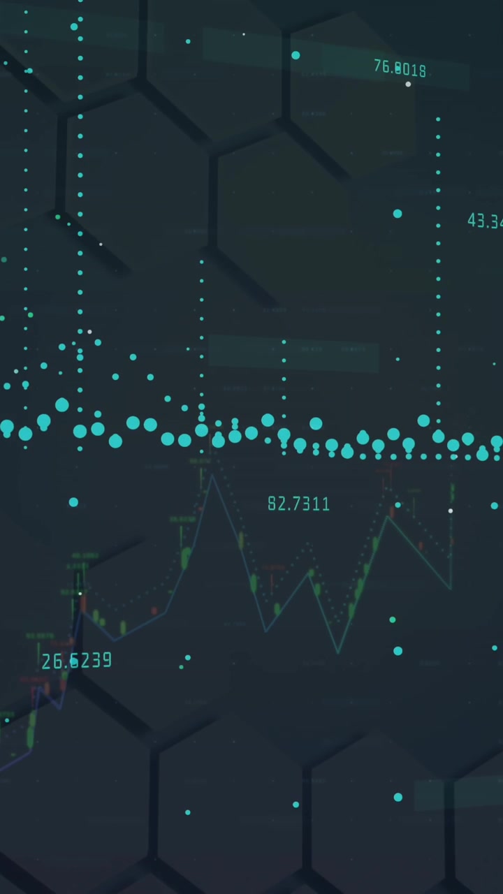 Animation of financial data processing over shapes on black background